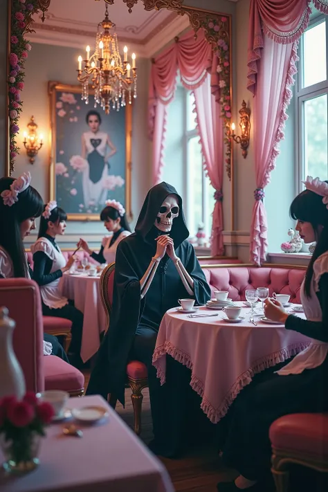 (Top Quality: 1.4),( Art by Simon Bisley), (Unparalleled Masterpiece),(Ultra High Definition),(Ultra-Realistic 8k CG), grim reaper, wearing grim reaper's clothes,(sitting in the seat in Japanese maid café), (fancy Victorian-inspired décor, ornate furniture...