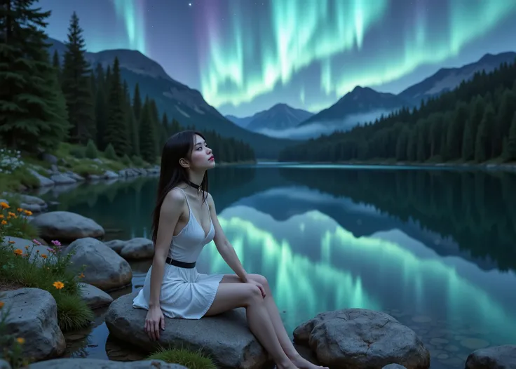 Large lake in the forest、A woman sits on a large rock on the shore、she looks up at the sky、 perfectly aligned to cover her eyes、 Her lips are dark, and she wears a black choker with a metal ring in the center、in a dress with white frills、Spring flowers 、ca...