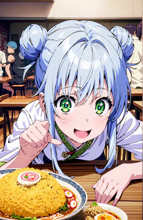 score_9, score_8_up, score_7_up, source_anime,Prohibited bibliography, green eyes, blue hair, side lock,Split Bangs,Double bun hair, smile,cover,open your mouth,White Chinese clothing,long slit,pin heels,sitting on a chair,Ramen, fried rice, and gyoza are ...