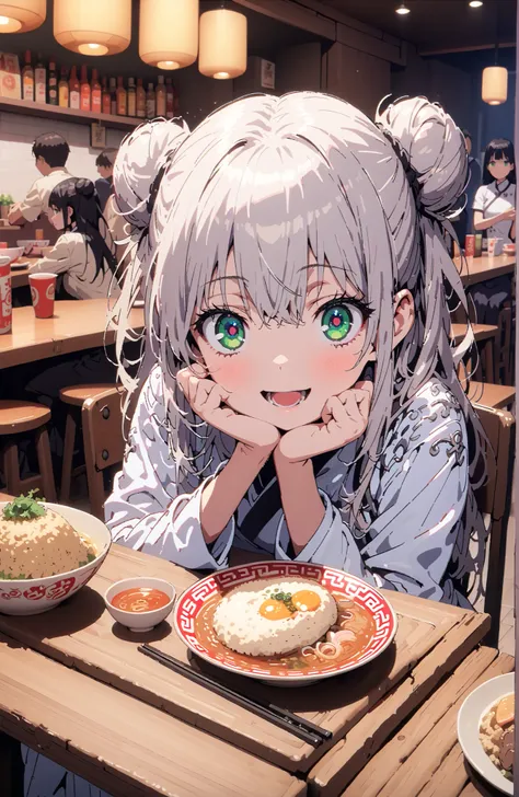 Prohibited bibliography, green eyes,  Silver Hair, side lock,Split Bangs,Double bun hair, smile,cover,open your mouth,White Chinese clothing,long slit,pin heels,sitting on a chair,Ramen, fried rice, and gyoza are placed on the table,crowd,break indoors,  r...