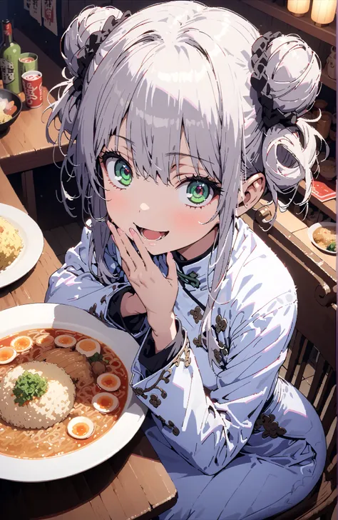 Prohibited bibliography, green eyes, Silver Hair, side lock,Split Bangs,Double bun hair, smile,cover,open your mouth,White Chinese clothing,long slit,pin heels,sitting on a chair,Ramen, fried rice, and gyoza are placed on the table,crowd,break indoors, r...