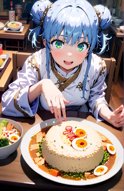 Prohibited bibliography, green eyes, Blue Hair, side lock,Split Bangs,Double bun hair, smile,cover,open your mouth,White Chinese clothing,long slit,pin heels,sitting on a chair,Ramen, fried rice, and gyoza are placed on the table,crowd,break indoors,  rame...