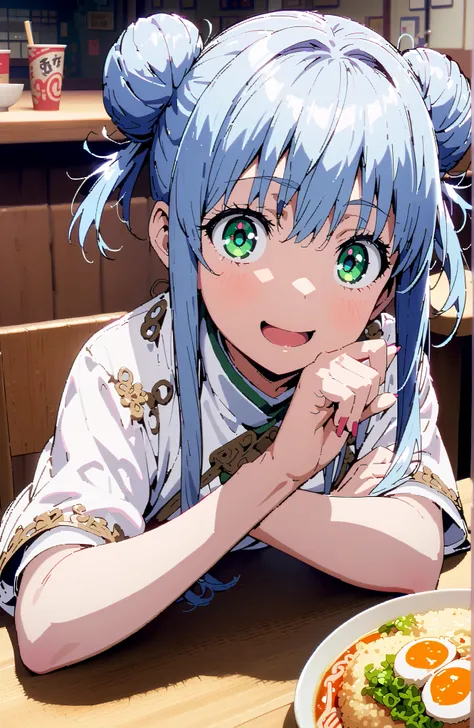 Prohibited bibliography, green eyes, Blue Hair, side lock,Split Bangs,Double bun hair, smile,cover,open your mouth,White Chinese clothing,long slit,pin heels,sitting on a chair,Ramen, fried rice, and gyoza are placed on the table,crowd,break indoors, rame...