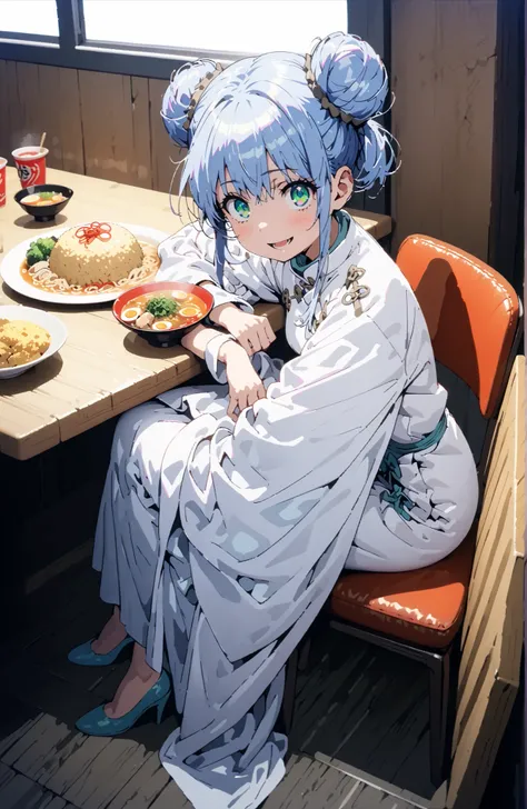 Prohibited bibliography, green eyes, Blue Hair, side lock,Split Bangs,Double bun hair, smile,cover,open your mouth,White Chinese clothing,long slit,pin heels,sitting on a chair,Ramen, fried rice, and gyoza are placed on the table,crowd,break indoors,  rame...
