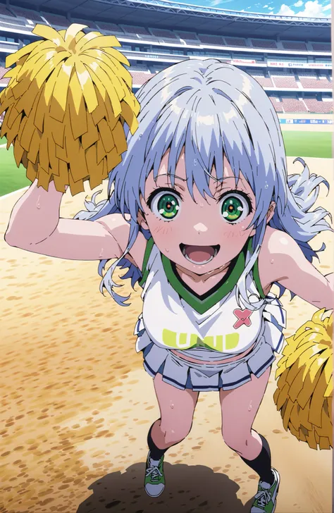 score_9, score_8_up, score_7_up, source_anime, Prohibited bibliography, green eyes, blue hair, long hair,smile,cover,open your mouth, anime screencap, (Cheerleading), (full body),  on chest, (I sweated), I sweated Wet Clothes, (white clothes),sleeveless, p...
