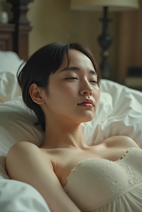 (( of the highest quality )), ((masterpiece)), ( details), first person view ,one girl on her back, petite woman, Voluptuous women ,( in the bedroom ),((and open my mouth wide )),((very large breasts, underwear, short bob hair)), black hair wi...