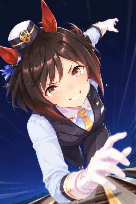 Solo,anime style,Dutch angle,Looking ahead,starry background,((dynamic pose,running on the Rail,motion blur)),red ear cover,BLACK HAIR SHORT BOB,brown eyes,railway peaks cap,lapel vest suit,White gloves,smile,happy tears,sobbing,umamusume,digital art