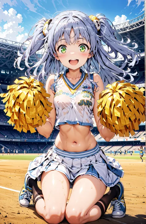 score_9, score_8_up, score_7_up, source_anime,Prohibited bibliography, green eyes, blue hair, long hair,smile,cover,open your mouth, (Cheerleading), (full body),  on chest, (I sweated), I sweated Wet Clothes, (white clothes),sleeveless, pleated skirt,black...