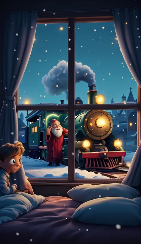 A winter night, snow falling gently outside a window, soft glowing streetlight. A small  in pajamas on a bed, wide-eyed with wonder. Outside, an old magical train glowing with golden stars on a dark green body, smoke rising from the chimney, parked outside...
