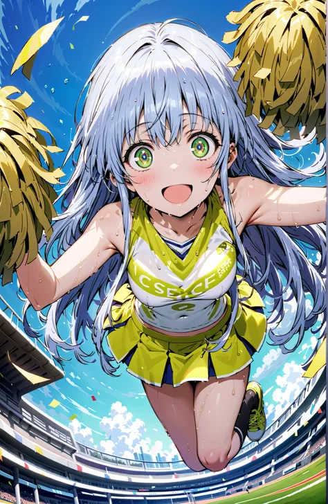 score_9, score_8_up, score_7_up, source_anime,Prohibited bibliography, green eyes, blue hair, long hair,smile,cover,open your mouth, (Cheerleading), (full body),  on chest, (I sweated), I sweated Wet Clothes, (white clothes),sleeveless, pleated skirt,black...