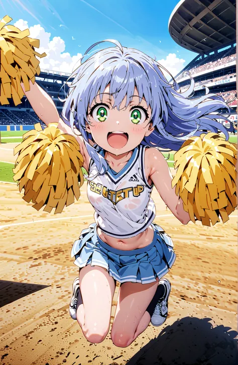 score_9, score_8_up, score_7_up, source_anime,Prohibited bibliography, green eyes, blue hair, long hair,smile,cover,open your mouth, (Cheerleading), (full body),  on chest, (I sweated), I sweated Wet Clothes, (white clothes),sleeveless, pleated skirt,black...