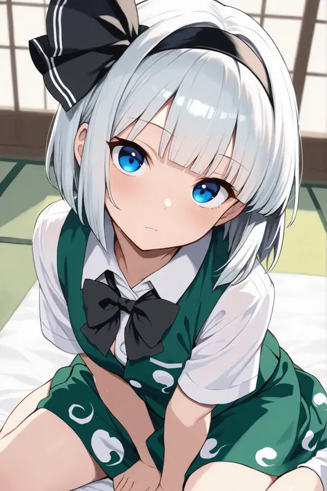 konpaku youmu, 1girl, white hair, short hair, blunt bangs, blue eyes
hairband, hair ribbon, black ribbon, black bowtie, white shirt, collared shirt, green vest, green skirt, socks, touhou, masterpiece, best quality