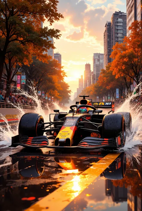 A dynamic Formula 1 racing car, the Red Bull Racing RB18, racing on a wet track in bright autumn colors. Detailed realistic image of a high-speed Formula 1 racing car, sleek, black with orange accents, moving fast on a wet track. The car is in motion, le...