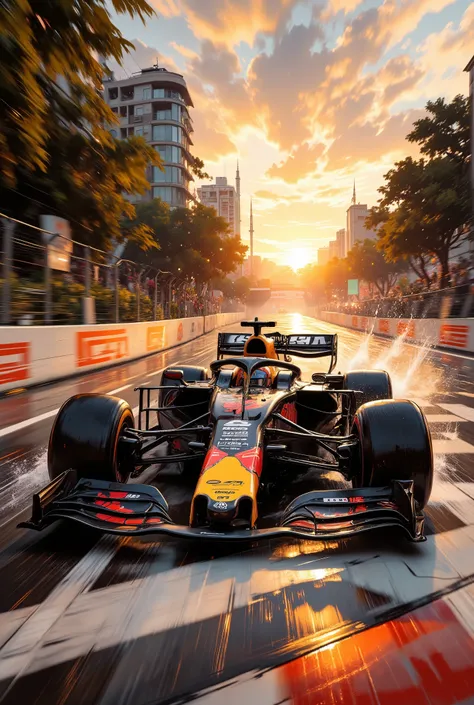 A dynamic Formula 1 racing car, the Red Bull Racing RB18, racing on a wet track in bright, dynamic colors. Detailed realistic image of a high-speed Formula 1 racing car, sleek, black with orange accents, moving fast on a wet track. The car is in the midd...