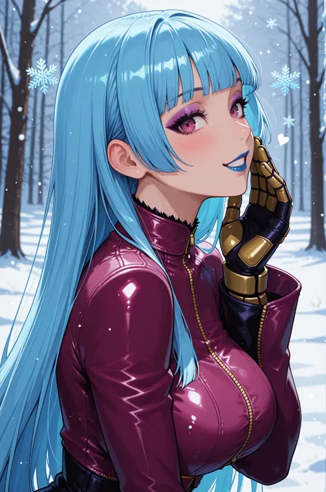 masterpiece, best quality, absurdres, newest, very aesthetic, amazing quality,highres, Kula Diamond \(king of fighters\), blue hair, hime cut, purple eyes, gloves, (1girl), (detailed face:0.8), (detailed eyes:0.8), black eyeliner,purple eyeshadow, blue lip...