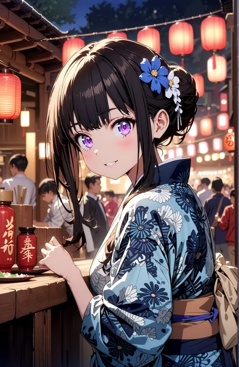 Takiuchikami, check it out, bungs, black hair with a young pattern, purple eyes,smile,cover,open your mouth,narrows her eyes,side lock,single bun hair,Medium breast,flower hair ornament,Blue flower pattern kimono,standing,Light up fireworks,Japanese stalls...