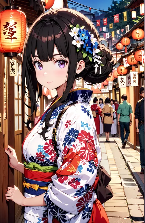 Takiuchikami, check it out, bungs, black hair with a young pattern, purple eyes,smile,cover,open your mouth,narrows her eyes,side lock,single bun hair,Medium breast,flower hair ornament,Blue flower pattern kimono,standing,Light up fireworks,Japanese stalls...