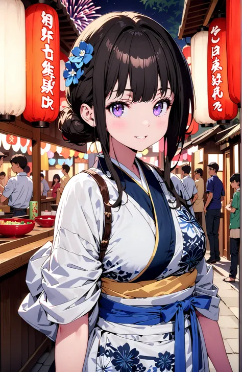 Takiuchikami, check it out, bungs, black hair with a young pattern, purple eyes,smile,cover,open your mouth,narrows her eyes,side lock,single bun hair,Medium breast,flower hair ornament,Blue flower pattern kimono,standing,Light up fireworks,Japanese stalls...