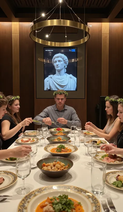 POV: first person view, sitting at a modern dining table with family, everyone wearing household laurel wreaths for dinner, performing traditional libation ceremony pouring wine drops before meal, bust of household gods on digital display panel in wall shr...