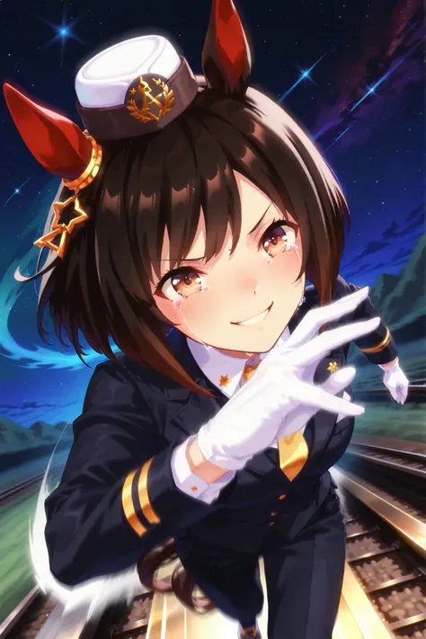 Solo,anime style,Dutch angle,Looking ahead,((starry background,dynamic pose,running on the Rail,motion blur)),red ear cover,BLACK HAIR SHORT BOB,brown eyes,railway peaks cap,lapel vest suit,White gloves,smile,happy tears,sobbing,umamusume,digital art