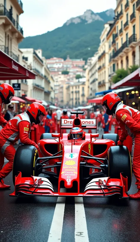 RAW photo, , ((Best Quality, 8k, masterpiece: 1.3)), sharp concentration: 1.2,、 Formula 1 racing, Scuderia Ferrari、モナコグランプリ 、Ferrari F2001、pit stop, タイヤ交換