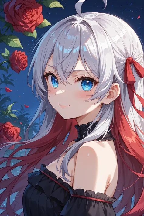 masterpiece,best quality,amazing quality, score_9, score_8_up, score_7_up, source_anime, solo girl, alisa mikhailovna kujou (roshidere), long hair, silver hair, ahoge, crossed bangs, red hair ribbon, sidelocks, blue eyes, Fantasy_eyes, black off-shoulder l...