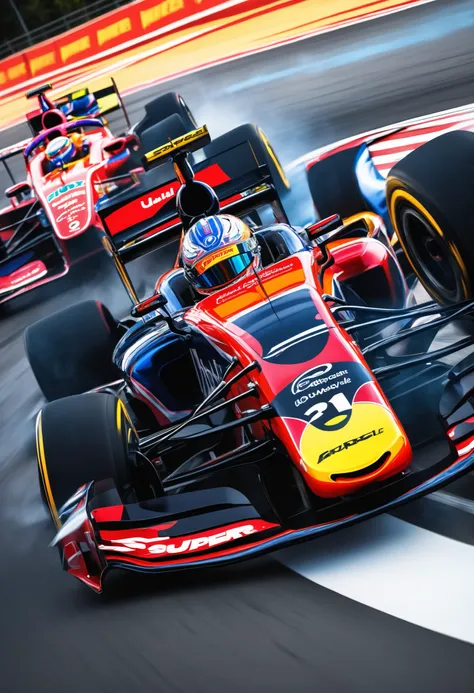 (Ultra High Definition, transparent glow light, super vivid colored, absurd less hyper realistic, photogenic),
(F1 Racing, Intense and Thrilling Compositions), (Dynamic grand shot, Dutch angle),
(3 New Formula cars, A fierce battle between 3 professional...