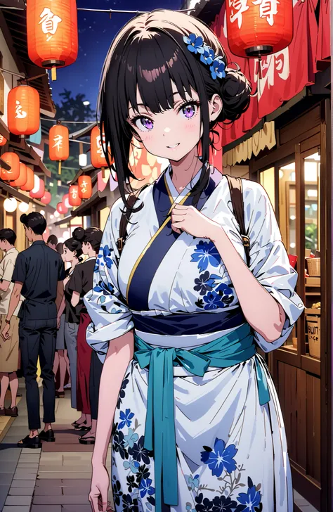 Takiuchikami, check it out, bungs, black hair with a young pattern, purple eyes,smile,cover,open your mouth,narrows her eyes,side lock,single bun hair,Medium breast,flower hair ornament,Blue flower pattern kimono,standing,Light up fireworks,Red Lantern,nig...