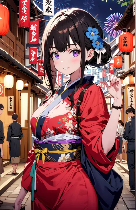 Takiuchikami, check it out, bungs, black hair with a young pattern, purple eyes,smile,cover,open your mouth,narrows her eyes,side lock,single bun hair,Medium breast,flower hair ornament,Blue flower pattern kimono,standing,Light up fireworks,Red Lantern,nig...