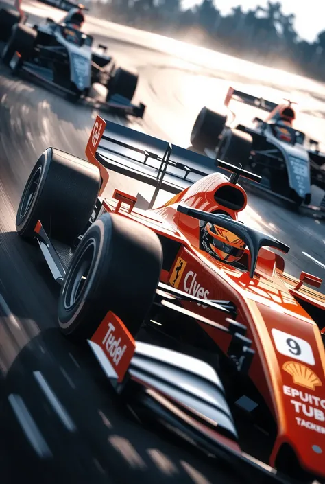 (F1 Racing, Intense and Thrilling Compositions), (Dynamic grand shot, Dutch angle),
(3 New Formula cars, Driven by a Professional Driver, Ultra High Definition, high performance, Cutting-Edge Aerodynamic Design Shapes, Enhanced Ground Pressure with Downf...