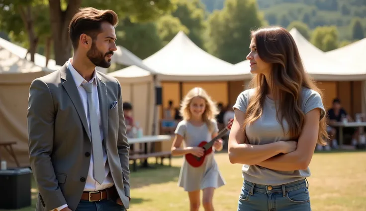 The scene is set inside an outdoor music summer camp. The handsome man on the left has a neatly trimmed beard, short brown hair and light skin, wearing a gray suit, white shirt, tie, jeans, looking apologetically at the woman. The woman on the right has l...