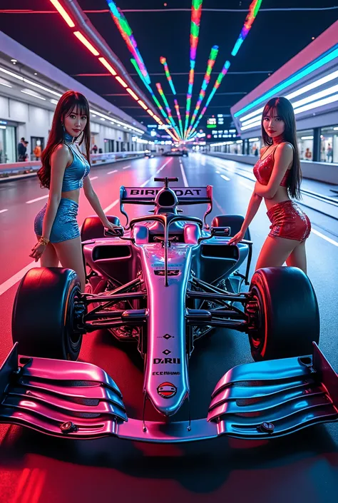 Formula 1 circuit at night, Metallic color racing car, Two Japanese race queens stand around racing cars, rainbow colored laser light is reflected,