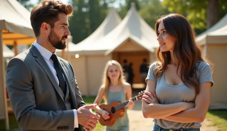 The scene is set inside an outdoor music summer camp. The handsome man on the left has a neatly trimmed beard, short brown hair and light skin, wearing a gray suit, white shirt, tie, jeans, looking apologetically at the woman. The beautiful woman on the r...