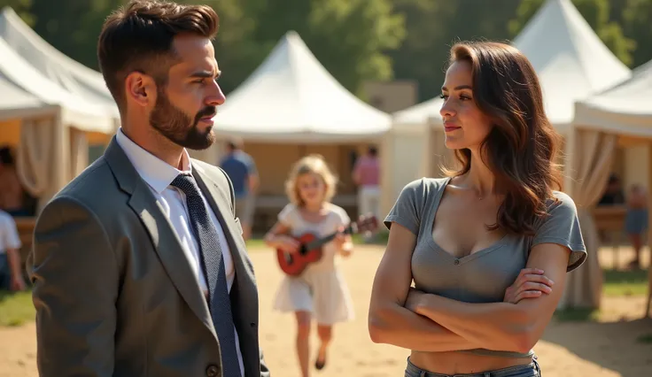 The scene is set inside an outdoor music summer camp. The handsome man on the left has a neatly trimmed beard, short brown hair and light skin, wearing a gray suit, white shirt, tie, jeans, looking apologetically at the woman. The beautiful woman on the r...