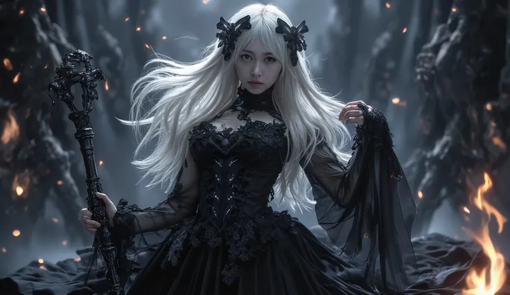 dark fantasy illustrations on the background , shows a highly detailed fantasy animation 。 In this mysterious scene ,pale skin 、 a woman with long flowing hair is the protagonist 。 She's wearing a beautifully decorated gothic black dress , A cane with a ...