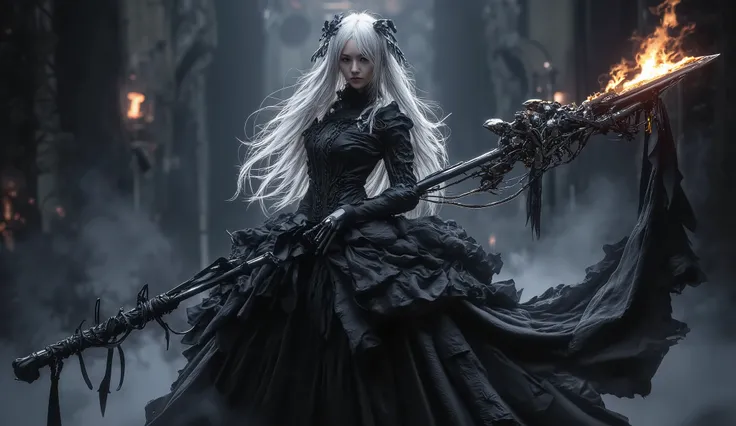dark fantasy illustrations on the background , shows a highly detailed fantasy animation 。 In this mysterious scene ,pale skin 、 a woman with long flowing hair is the protagonist 。 She's wearing a beautifully decorated gothic black dress , A cane with a ...