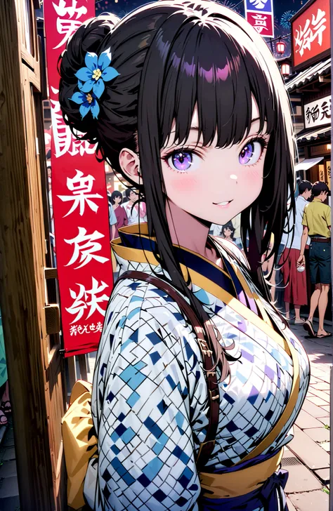 Takiuchikami, check it out, bungs, black hair with a young pattern, purple eyes,smile,cover,open your mouth,narrows her eyes,side lock,single bun hair,Medium breast,flower hair ornament,Blue flower pattern kimono,standing,Light up fireworks,Japanese stalls...