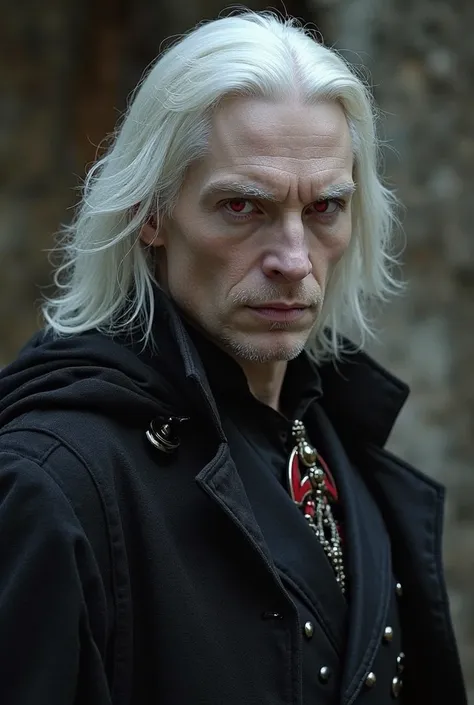 Create the image of the vampire Caius Volturi with the description of his appearance described in the books as a fierce vampire,  with pale and translucent skin , Shoulder-length snow-white hair and dark red eyes