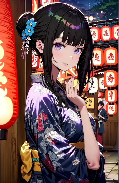Takiuchikami, check it out, bungs, black hair with a young pattern, purple eyes,smile,cover,open your mouth,narrows her eyes,side lock,single bun hair,Medium breast,flower hair ornament,Blue flower pattern kimono,standing,Light up fireworks,Japanese stalls...