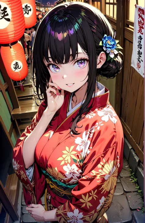 Takiuchikami, check it out, bungs, black hair with a young pattern, purple eyes,smile,cover,open your mouth,narrows her eyes,side lock,single bun hair,Medium breast,flower hair ornament,Blue flower pattern kimono,standing,Light up fireworks,Japanese stalls...