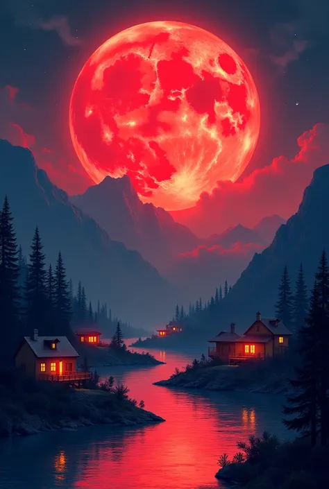 A big red moon in a dark bluish sky.along the river on the left side of the picture are lined up houses. moon reflected in river water dark brilliant colors illustration 