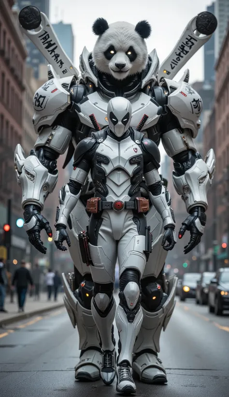 AI Prompt:
Deadpool wears a sleek white version of his iconic suit, accented with matte black details on his arms, shoulders, gloves, and around the eyes. The suit is crafted from textured tactical fabric, with visible armor plating and reinforced seams. ...