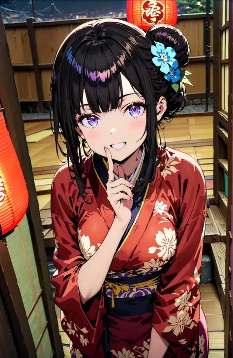 Takiuchikami, check it out, bungs, black hair with a young pattern, purple eyes,smile,cover,open your mouth,narrows her eyes,side lock,single bun hair,Medium breast,flower hair ornament,Blue flower pattern kimono,standing,Light up fireworks,Japanese stalls...