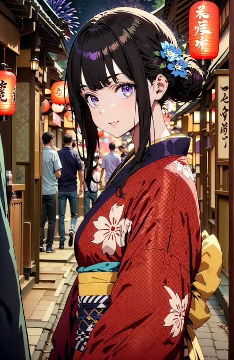 Takiuchikami, check it out, bungs, black hair with a young pattern, purple eyes,smile,cover,open your mouth,narrows her eyes,side lock,single bun hair,Medium breast,flower hair ornament,Blue flower pattern kimono,standing,Light up fireworks,Japanese stalls...