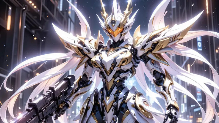 Female Robot, Fulmecha Body, Metallic orange mecha eye, rod antenna, Exquisite mechanical parts, Clear parts, Energy running through the body, heavy sci-fi long rifle, dynamic action, dynamic pose, blast, Sink, impact,