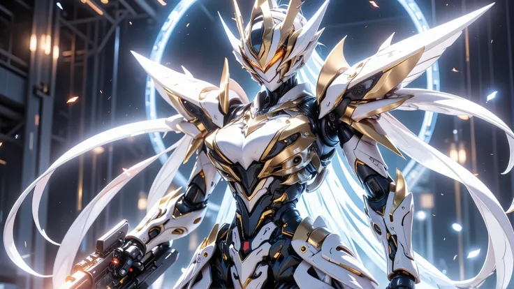 Female Robot, Fulmecha Body, Metallic orange mecha eye, rod antenna, Exquisite mechanical parts, Clear parts, Energy running through the body, heavy sci-fi long rifle, dynamic action, dynamic pose, blast, Sink, impact,