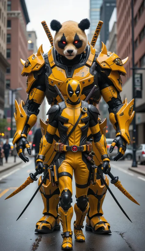AI Prompt:
Deadpool wears a bold yellow version of his classic suit, accented with deep black panels on his arms, gloves, boots, and mask. The outfit features tactical armor plating, visible stitching, and a rugged utility belt with a red-and-black Deadpo...