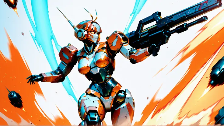 Female Robot, Fulmecha Body, Metallic orange mecha eye, rod antenna, Exquisite mechanical parts, Clear parts, Energy running through the body, heavy sci-fi long rifle, dynamic action, dynamic pose, blast,