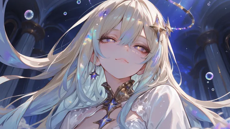 ((best quality)), (( masterpiece)), ((super detailed)), (illustration), (Detailed light ), (extremely fine and beautiful), a girl,  cute face, upper body,  two legs , Long skirt, (beautiful detailed eyes), I have stars in my eyes, messy floating hair, ligh...