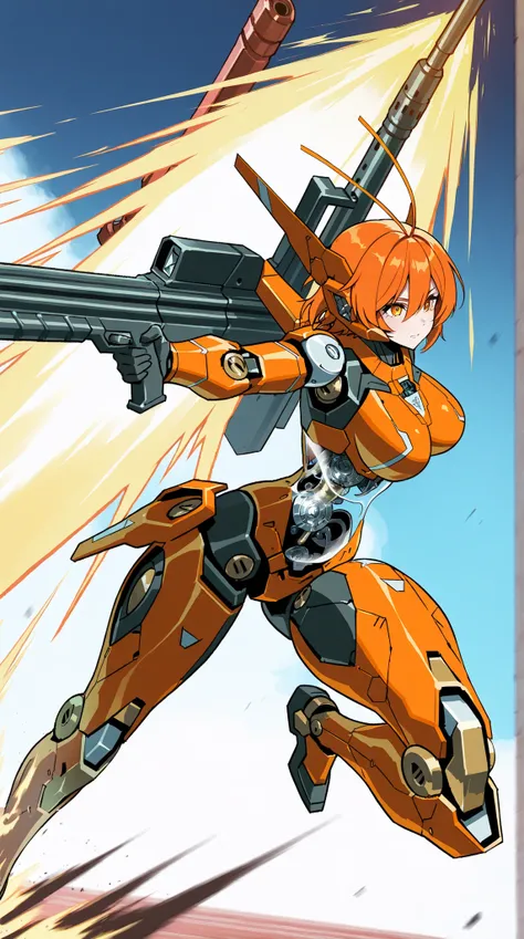Female Robot, Fulmecha Body, Metallic orange mecha eye, rod antenna, Exquisite mechanical parts, Clear parts, Energy running through the body, heavy sci-fi long rifle,   dynamic action, dynamic pose,  blast,  